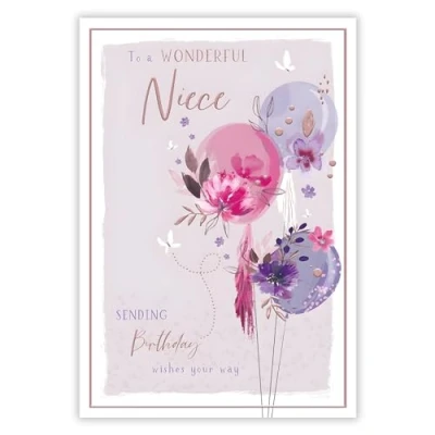 Image of Niece Birthday Card Wonderful Wishes Floral Balloons Design Special Finishes and Illustrated Insert Leaf Made in the UK