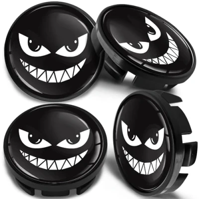 Image of Biomar Labs 4 x 65 mm Wheel Centre Caps, Hub Compatible with VW 3B7601171 / 6U7 601 171 Alloy Wheels Cover Black Scary Smile CV 73