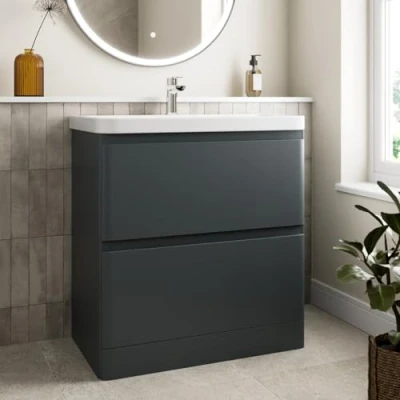 Image of Affine® 800mm Vanity Unit Wash Basin Sink Bathroom Floor Standing Storage Cabinet Cupboard Cloakroom, Soft Close Drawers, Anthracite Grey