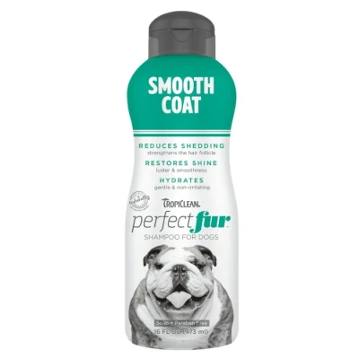 Image of TropiClean PerfectFur Dog Shampoo Used by Groomers Derived from Natural Ingredients Moisturising &amp; Shed Control Formula for Smooth Coat Breeds like Bulldogs, Boxers Pointers 473ml