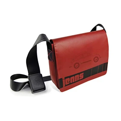 Image of BRISA VW Collection Volkswagen Large Denim Shoulder Messenger Cross body Bag with Beetle Bug Design made of Truck Tarpaulin (Denim Beetle/Red)