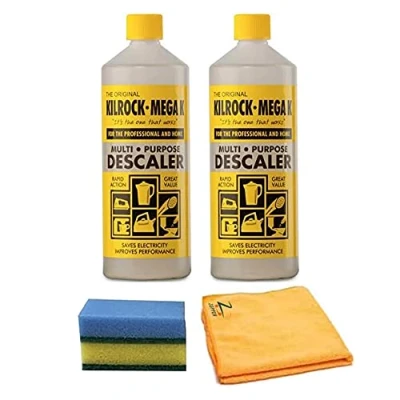 Image of Kilrock Mega K 1 Liter Multi Purpose Descaler With 1x Microfiber Cloth &amp; 2x Cleaning Sponge For Appliances, Sinks, Taps, Tiles and Any Surfaces Pack of 2