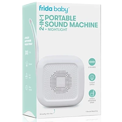 Image of Frida Baby 2 in 1 Portable Sound Machine, White Noise Machine for + Night Light with 5 Soothing Sounds &amp; 3 Nightlight Model, Travel Attaches to Buggies, Car Seats and Cots