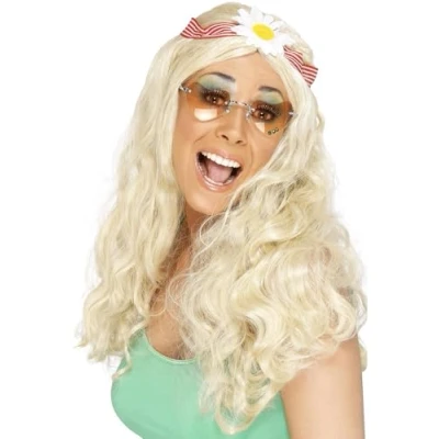 Image of Smiffys Groovy Wig, Blonde with Daisy Headband, 1960&#039;s Fancy Dress, Adult Dress Up Wigs