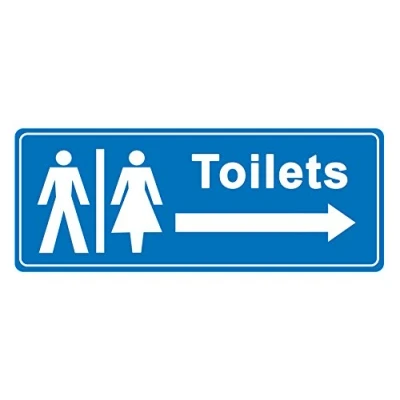 Image of 2 x Toilets arrow right Information Sign Removable Self Adhesive Waterproof Durable Vinyl Label Sticker 225mm 106mm