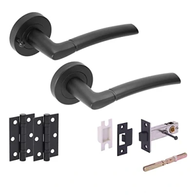 Image of HANDLEZONE® Nemo Privacy Door Handle Latch Pack, Complete with Lever On Rose Handles, Latch, Ball Bearing Hinges Black Matt