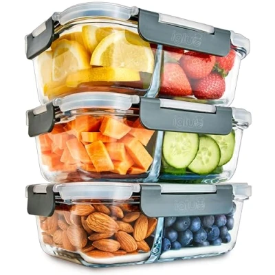 Image of Igluu Meal Prep Glass 2 Compartment Container with Airtight SnapLock Lids Portion Control Food Storage BPA Free Microwavable, Dishwasher, Freezer and Oven Safe [3 Pack]