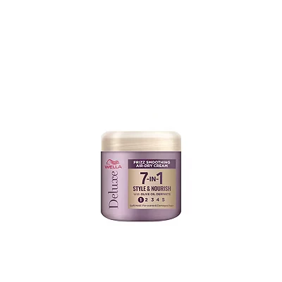 Image of Wella Deluxe Frizz Smoothing Air Dry Cream Anti Heat Protection Reduces Split Ends With Olive Oil Derivate Coarse or Damaged Hair Soft Hold 7 in 1 Style &amp; Nourish, 150ml