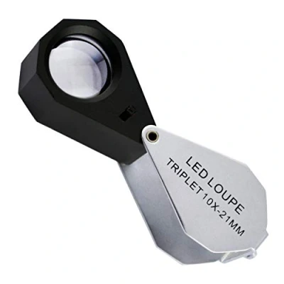 Image of Mini Folding Jewelers Eye Loupe Jewelry Magnifier for Gems Rocks Stamps Coins Watches Hobbies Antiques Gems, Coins, (10 x + 6 LED Lights)