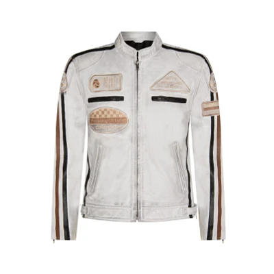 Image of Mens White Leather Biker Badges Racing Moto Jacket 2XL