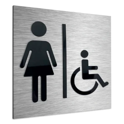 Image of ALÚMADESIGNCO Modern Female Handicap Toilet Sign Womens &amp; Handicapped Bathroom Signs Women and Disabled Toilets Room Signage Ladies / Wheelchair WC Door Plaque, Woman Restroom Symbol