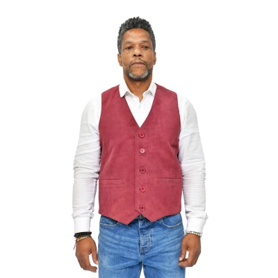 Image of Men&#039;s Smart Real Suede Leather Burgundy Gilet Waistcoat Biker Fashion Vest 2XL