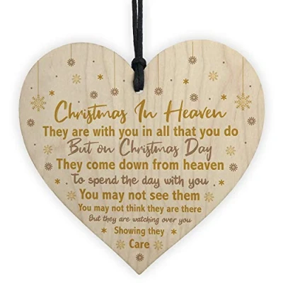 Image of RED OCEAN Christmas In Heaven Xmas Tree Decoration Memorial Quote Wood Heart Plaque Love Poem