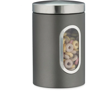Image of Relaxdays storage jar, with lid &amp; viewing window, 1.4 l, for coffee, flour, pasta, kitchen box, plastic/metal, grey, 17 x 11 cm