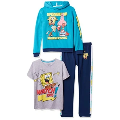 Image of Nickelodeon Big Spongebob Squarepants Graphic Hoodie, T Shirt, &amp; Jogger Sweatpant, 3 Piece Athleisure Outfit Bundle Set Boys 4 20, Teal/Navy/H.Grey, 14 16
