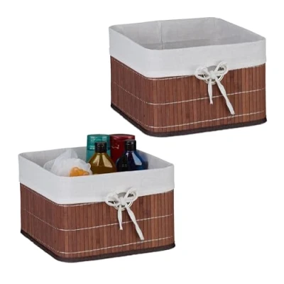 Image of Relaxdays Storage Basket, Set of 4, Bamboo with Fabric Liner, 20x31x31 cm, Handle, Organiser Box, Bathroom, Brown