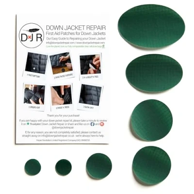 Image of Down Jacket Repair: Easy to Use, Pre Cut, Self Adhesive, Soft, Waterproof, Tear Resistant Rip Stop Nylon Fabric Patches Fix Holes/Tears in Clothing, Jackets, Outdoor Gear Bottle Green
