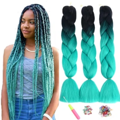 Image of ShowJarlly Box Braid Hair Extensions, 24inch Black/Cyan Ombre Jumbo Hair, 3Packs Synthetic Braiding Extension Afro Extensions for Crochet Twist Braids