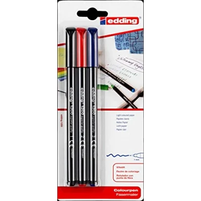 Image of edding 1200 colour pen fine black, red, blue pack of 3 bright colours round nib 1 mm felt for drawing and writing brush pens drawing, writing, colouring, sketch pens, art