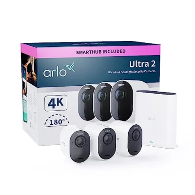 Image of Arlo Ultra 2 Security Camera Outdoor, 4K UHD, Wireless CCTV, 6 Month Battery, Colour Night Vision, Weatherproof, Bright Spotlight, Way Audio, 3 Cam Kit, Free Trial of Secure, White