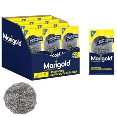 Image of Marigold Scrunchie Stainless Steel Scourer, 12 Packs of 3 Scourers, Grey, 11.6 x 4 22.5 cm