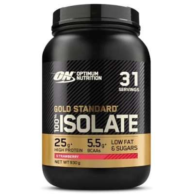 Image of Optimum Nutrition ON Gold Standard 100% Isolate Pure Whey Protein, Naturally Occurring BCAAs and Glutamine, Pre Post Workout, Strawberry Flavour, 31 Servings, 930 g