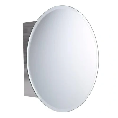 Image of iBathUK Bathroom Round Mirror Cabinet, Stainless Steel, Moisture Repellent, Wall Mounted Single Door Storage Cabinet