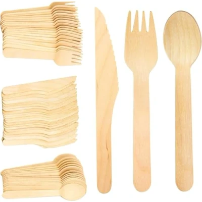 Image of AMD Nexus 300pcs Wooden Disposable Cutlery Set, BPA Free Biodegradable Renewable Wood Eco Friendly for Picnic Party 100 Forks, Knives &amp; Spoons