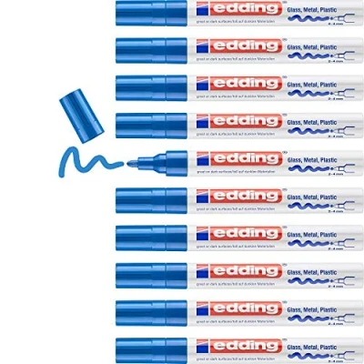 Image of edding 750 gloss paint marker blue 10 markers round tip 2 4 mm pen for glass, pebbles, wood, plastic, paper waterproof, high coverage