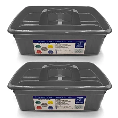 Image of Cleaning Caddy Tray Box Housekeeping Cleaners Tote Basket with Handle Carry Grips Ideal Under Sink Kitchen Storage for Products Carrier Tool Organiser (Yellow 2 Pack)