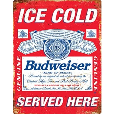 Image of Vintage Advertising Wall Tin Plaque 20x15cm Pub Shed Bar Man Cave Home Bedroom Office Kitchen Gift Metal Sign Retro Red Ice Cold Bud Budweiser USA inspired King Beer Lager Served Here