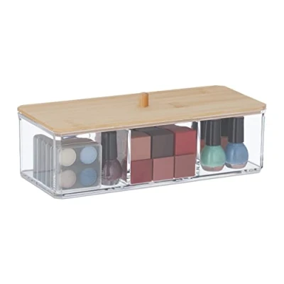 Image of Relaxdays Toiletry Storage Box with Bamboo Lid, 3 Compartments, Plastic, Versatile, 23.5 x 10 8cm, Transparent/Natural