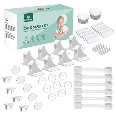 Image of LATTCURE Baby Proofing, 36 Pcs Safety Locks 8 Magnetic Cupboard Locks+2 Keys, Corner Protectors, Child Straps, 10 Socket Covers Protectors/Guards