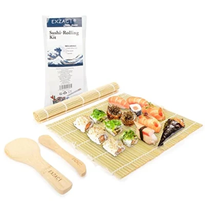 Image of EXZACT Sushi Rolling Mat 4pcs Maker Kit 2 x Mats, 1 Rice Paddle, Spreader Suitable Beginner and Experienced