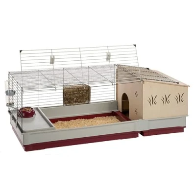 Image of Ferplast rabbits and guinea pigs cage KROLIK 140 PLUS, small animalsand rabbit house, Separate wooden accessories are included, 142 x 60 h 50 cm Bordeaux