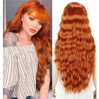 Image of YEESHEDO Ginger Long Hair Wigs for Women Natural Curly Wavy Synthetic with Fringe Copper Red Wig Party Cosplay or Daily 28 Inches