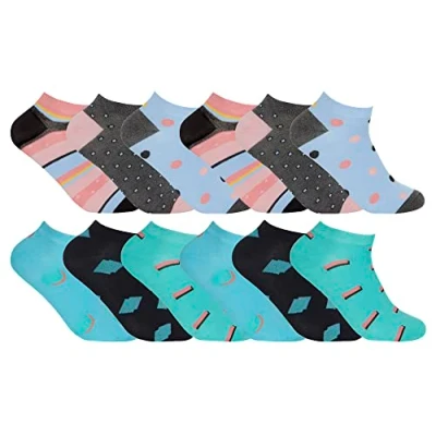 Image of 12 Pair Multipack Girls Bamboo Trainer Liber Socks Sock Snob Soft Breathable Ankle Striped &amp; Polka Dot Design (11 14 Years, Spots/Shapes)