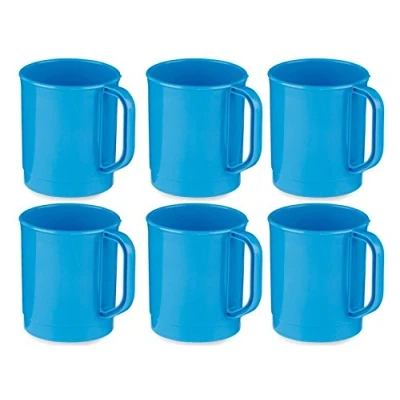 Image of 6 x Poly Plastic Camping Mug 275ml Blue Re useable Polypropylene Lightweight Easy Clean Dishwasher Safe