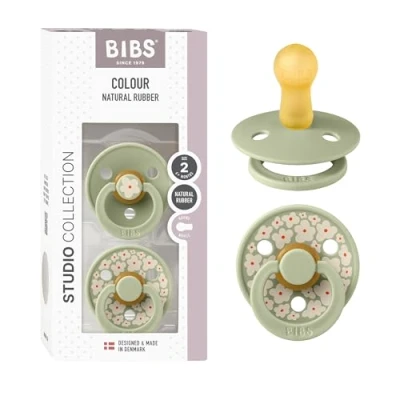Image of BIBS Colour Studio Soother 2 Pack, BPA Free Dummy Pacifier, Round Nipple. Natural Rubber Latex, Made in Denmark, Size (6 18 Months), Jasmine Sage