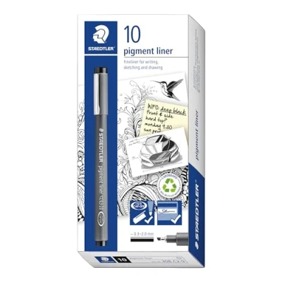 Image of STAEDTLER 308 C2 9 Pigment Liner Fineliner Pen for Writing &amp; Technical Drawing Black, 0.3 2.0mm Chisel Tip (Box of 10)