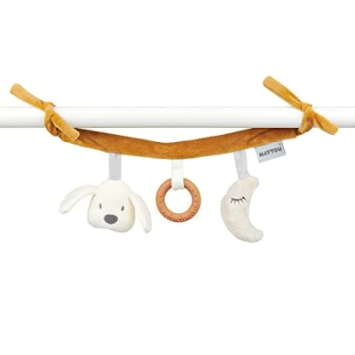 Image of Nattou Activity Hanging Plush Maxi Toy with Silicone Ring for Cot/ Pram/ Bouncer/ Car Seat, 100 Percent Super Soft Polyester, PETA Approved and Vegan, 30 cm, Vanilla Charlie the Dog, Caramel