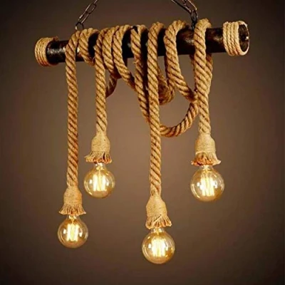 Image of Hanging Lamp Vintage Rope Pendant Light Ceiling Hemp Retro Industrial Loft Chandelier Rustic Living Room Dining Lights Balcony Cafe Lighting (4*E27)
