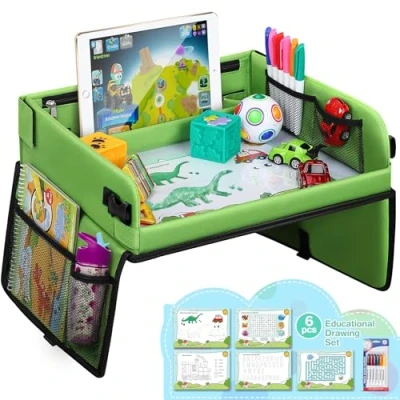 Image of lenbest Kids Travel Tray for in Car Seat Multifunctional with Transparent Erasable Surface &amp; Large Storage Space Games