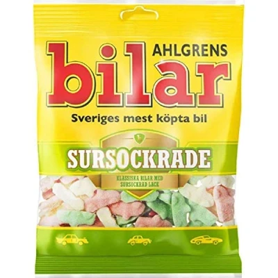Image of ScandiKitchen, Ahlgrens Bilar Sursockrade Sour Sweets, Swedish Candy Classic, Soursweet Marshmallow Car 1 x 100g Bag