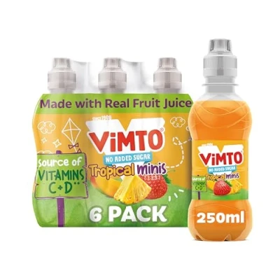 Image of Vimto Original Real Fruit Juice Kids Drink Tropical Mango, Strawberry &amp; Pineapple 250ml x 6 Pack Bottles No Added Sugar Vegetarian Ideal for Lunchbox
