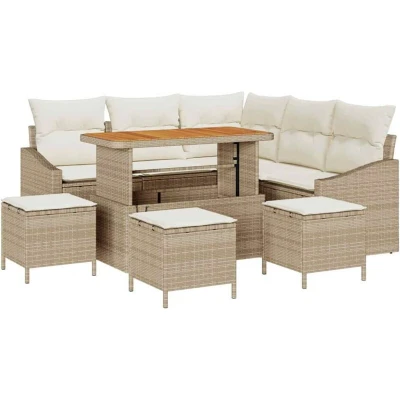 Image of vidaXL 9 Piece Garden Sofa Set with Cushions Beige Poly Rattan Acacia