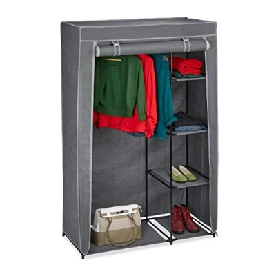 Image of Relaxdays Fabric Wardrobe with Clothes Rail &amp; 5 Shelves, 161 x 105.5 43 cm, Folding Closet Zip, Storage, Grey, 50% fleece 40% iron 10% plastic, 45 cm
