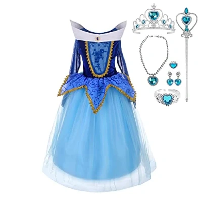 Image of Lito Angels Sleeping Beauty Princess Aurora Blue Costume Fancy Dress Up for Kids Girls, Birthday Party Outfit with Accessories Age 5 6 Years (Tag Number 120)