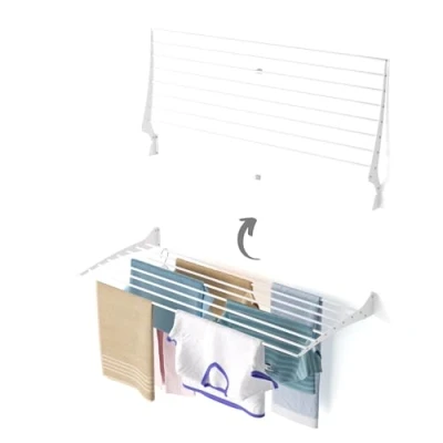 Image of Foxydry Fold Wall Mounted Clothes Drying Rack, Black Folding and Rebaltable for Indoor or Outdoor Aluminium Steel 116x50x57 cm / 45.6x19.6x22.4 in (120 cm, White)