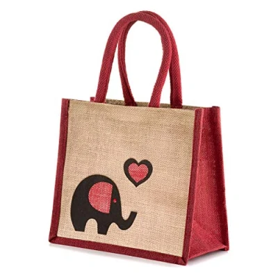 Image of Jute Hessian Lunch Gift Bag Height 24 cm x Width 26 Depth 17 Elephant Red